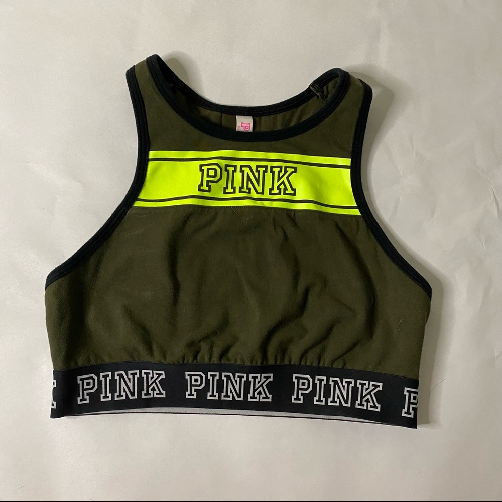 Ladies hunter Green Victoria’s Secret Pink sports bra size small AA-C large logo